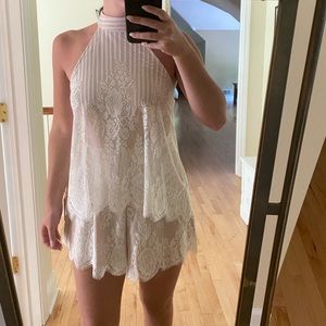 White lace romper, nude underneath